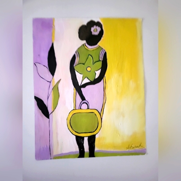 11x14 Original PaintingAfrican womanpurple yellowflowersethnic natural hair